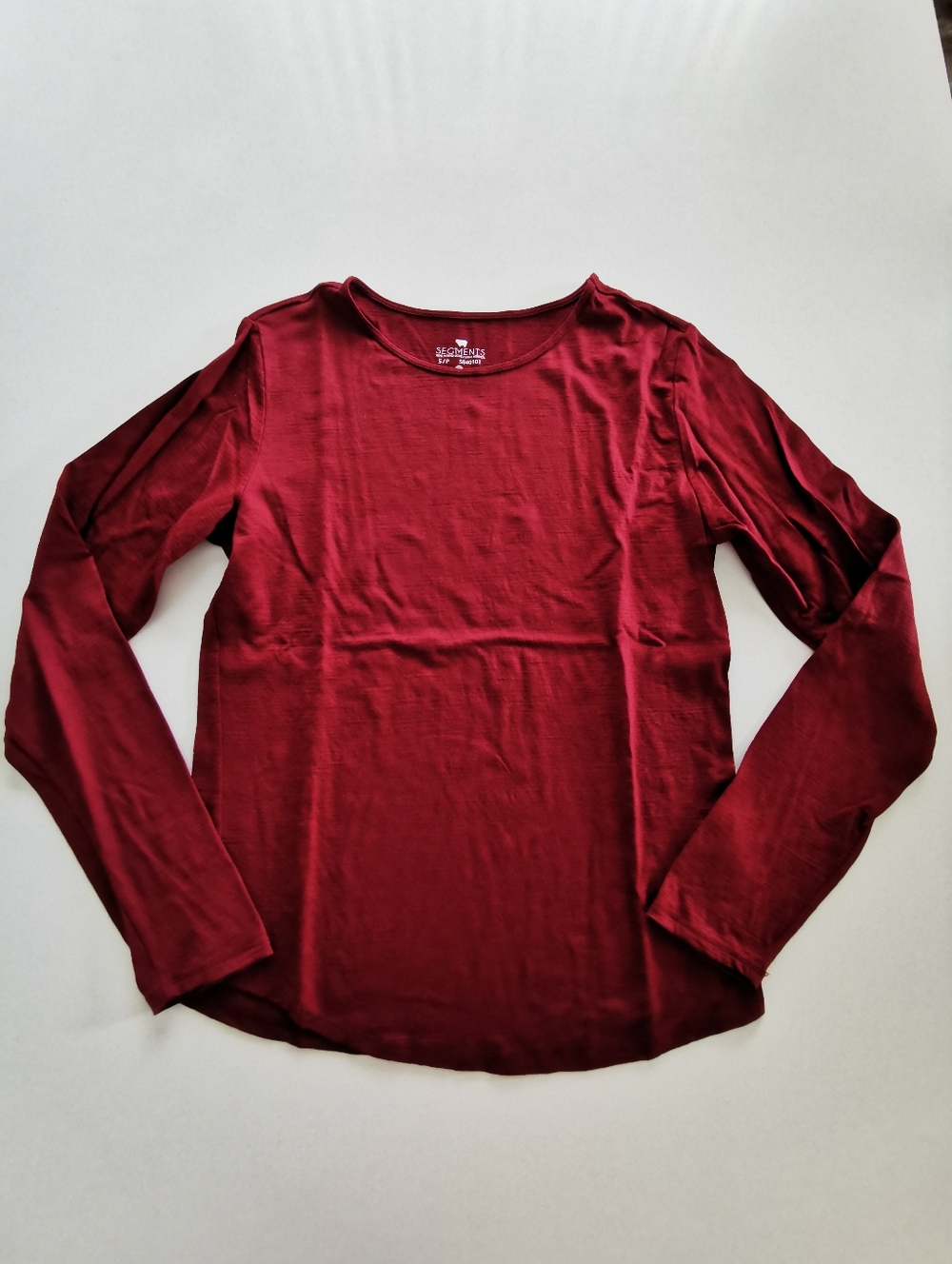 100% Merino Wool Seg'ments Long Sleeve Crew Neck Top Red, Burgundy, Deep Wine